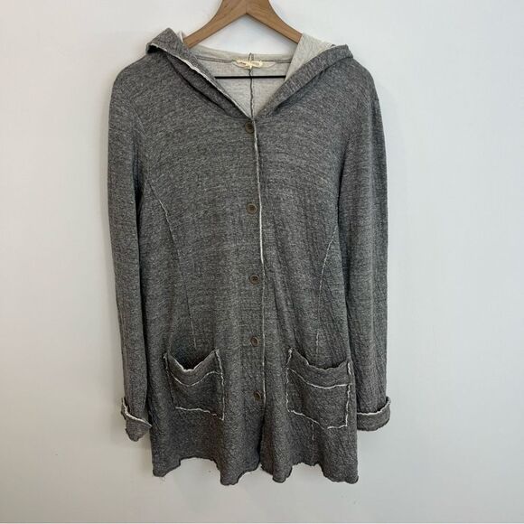 Eileen Fisher 100% Cotton Button Front Contrast Seam Hooded Sweater Size Medium - Picture 1 of 15
